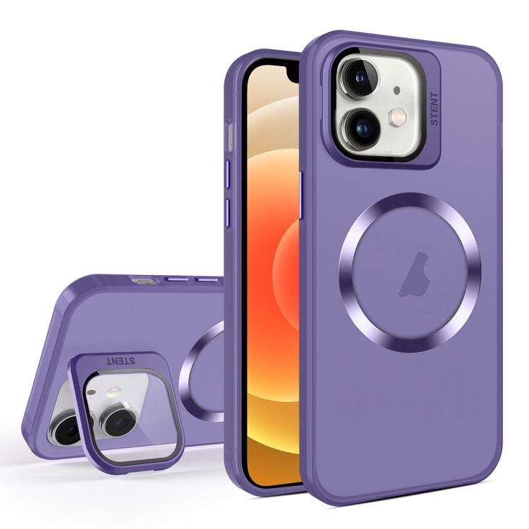 

For iPhone 12 Skin Feel CD Texture MagSafe Lens Holder Phone Case(Dark Purple)