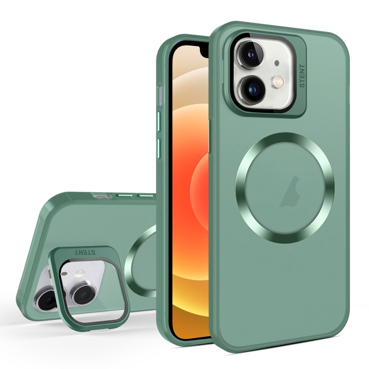 

For iPhone 12 Skin Feel CD Texture MagSafe Lens Holder Phone Case(Green)