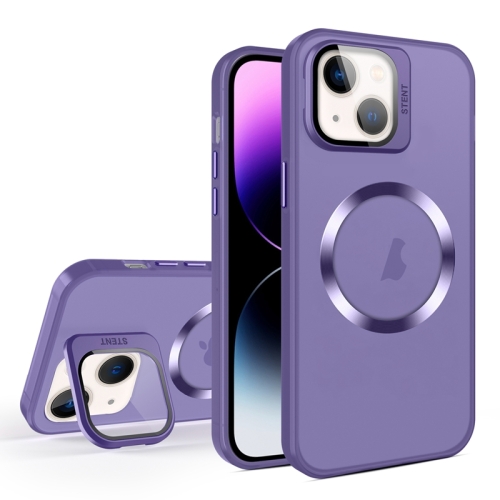 

For iPhone 14 Plus Skin Feel CD Texture MagSafe Lens Holder Phone Case(Dark Purple)