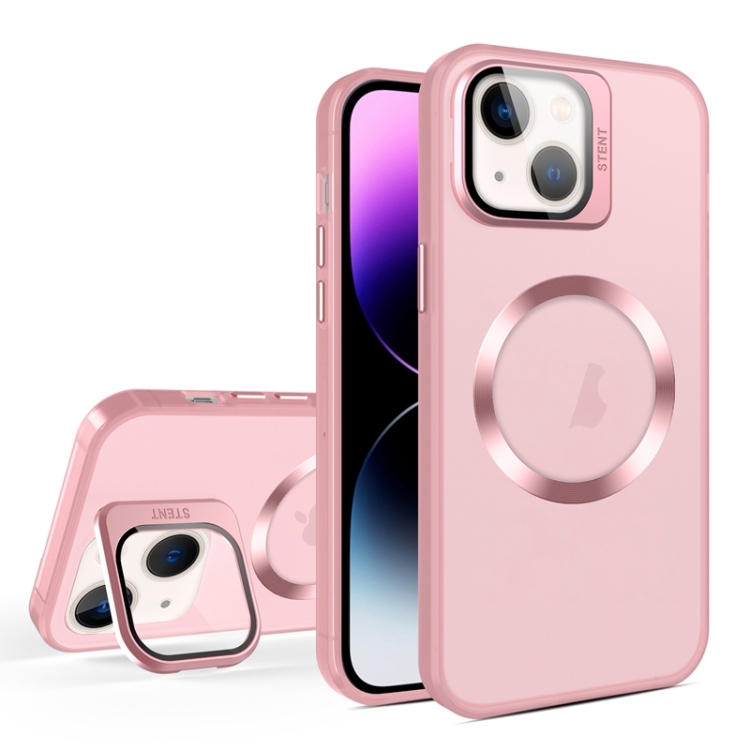 

For iPhone 14 Plus Skin Feel CD Texture MagSafe Lens Holder Phone Case(Pink)