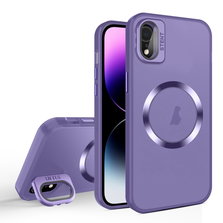 

For iPhone XR Skin Feel CD Texture MagSafe Lens Holder Phone Case(Dark Purple)