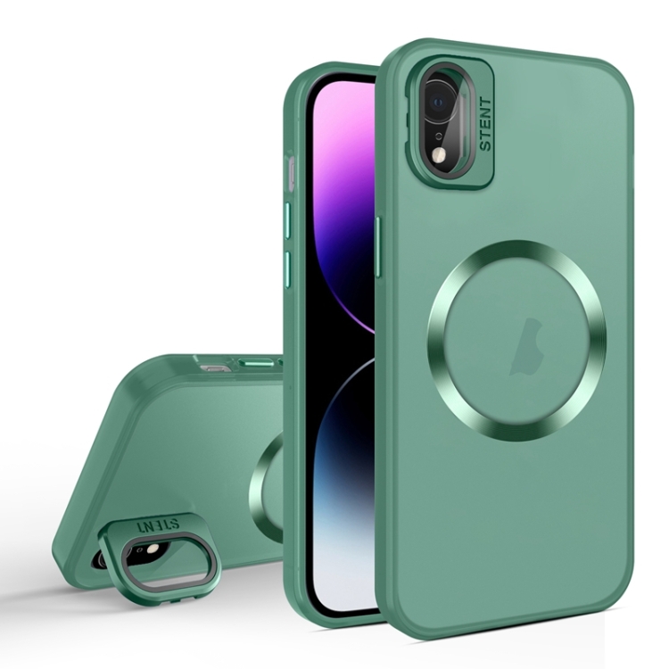 

For iPhone XR Skin Feel CD Texture MagSafe Lens Holder Phone Case(Green)