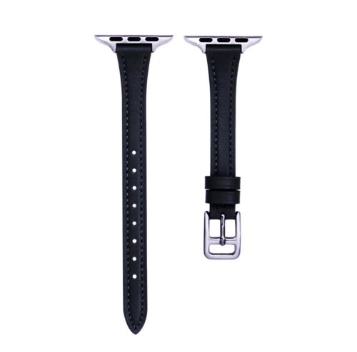 

For Apple Watch Series 10 46mm T-shaped Slim Genuine Leather Watch Band(Black)