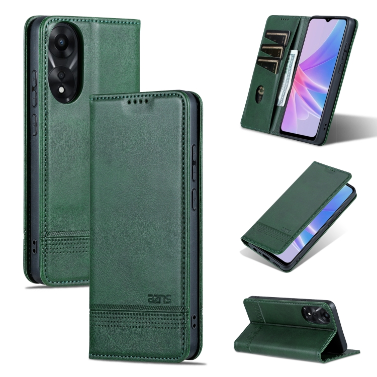 

For OPPO A78 4G AZNS Magnetic Calf Texture Flip Leather Phone Case(Dark Green)