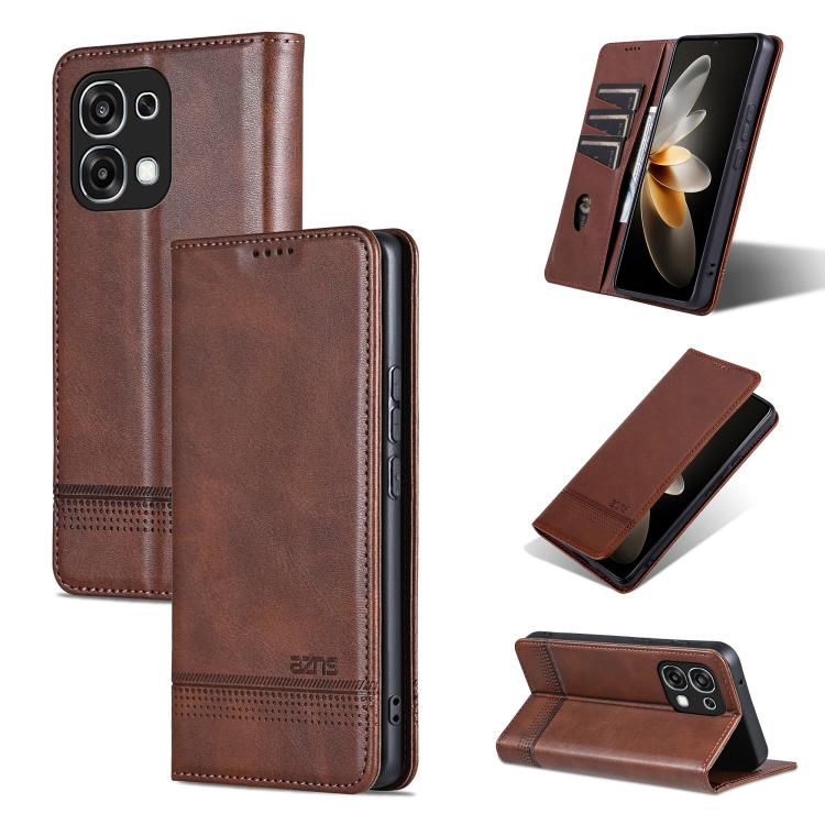 

For OPPO A6 Pro 5G Global AZNS Magnetic Calf Texture Flip Leather Phone Case(Dark Brown)