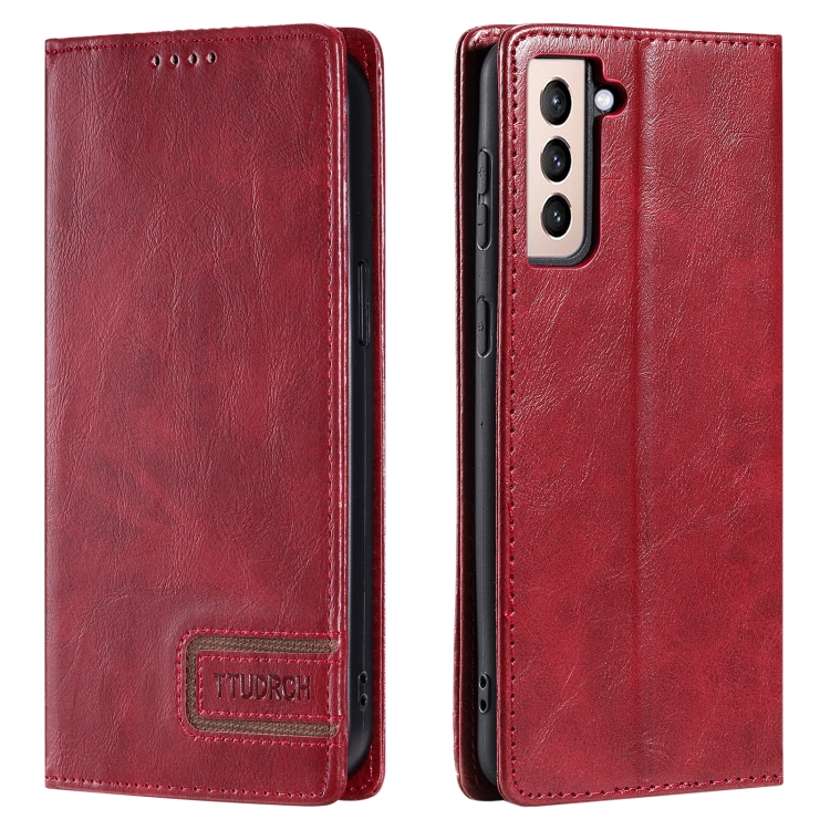

For Samsung Galaxy S21 5G TTUDRCH RFID Retro Texture Magnetic Leather Phone Case(Red)