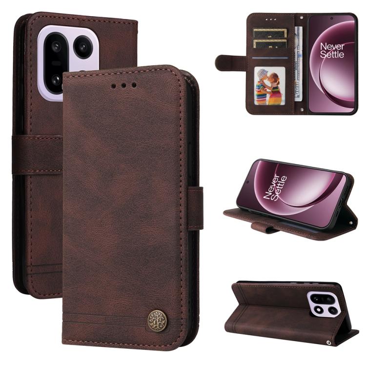 

For OnePlus 15 Skin Feel Life Tree Metal Button Leather Phone Case(Brown)