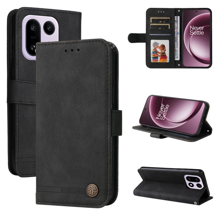 

For OnePlus 15 Skin Feel Life Tree Metal Button Leather Phone Case(Black)