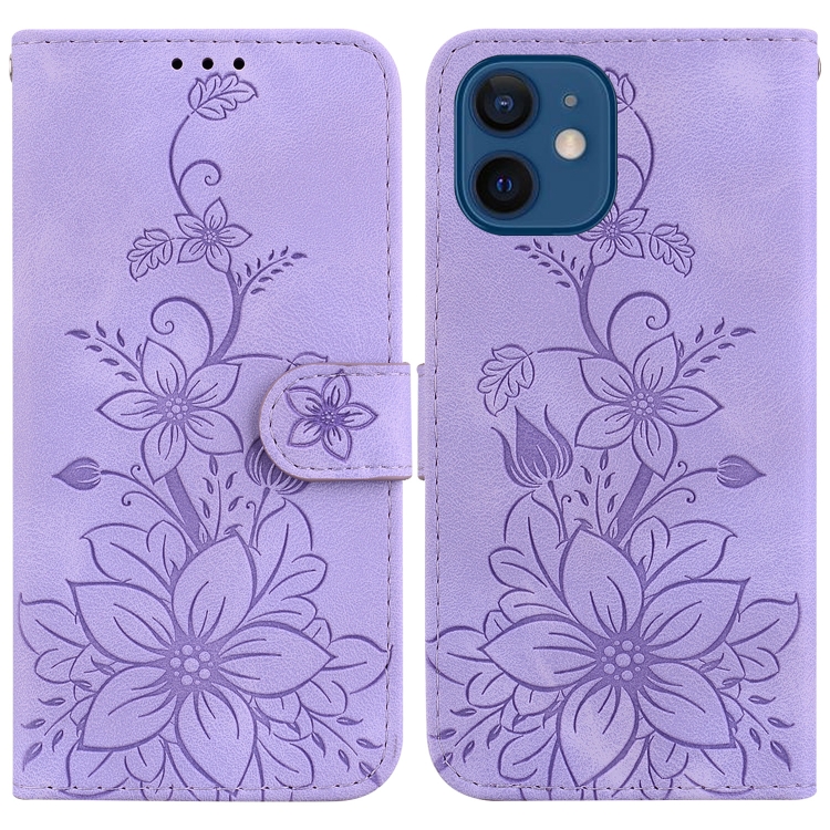 

For iPhone 12 / 12 Pro Lily Embossed Leather Phone Case(Purple)