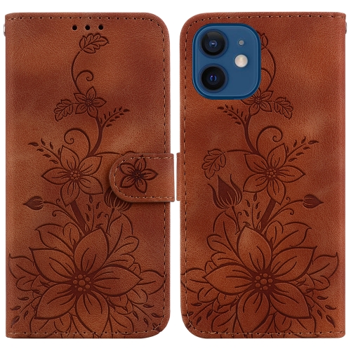 

For iPhone 12 / 12 Pro Lily Embossed Leather Phone Case(Brown)