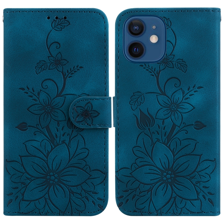 

For iPhone 12 / 12 Pro Lily Embossed Leather Phone Case(Dark Blue)