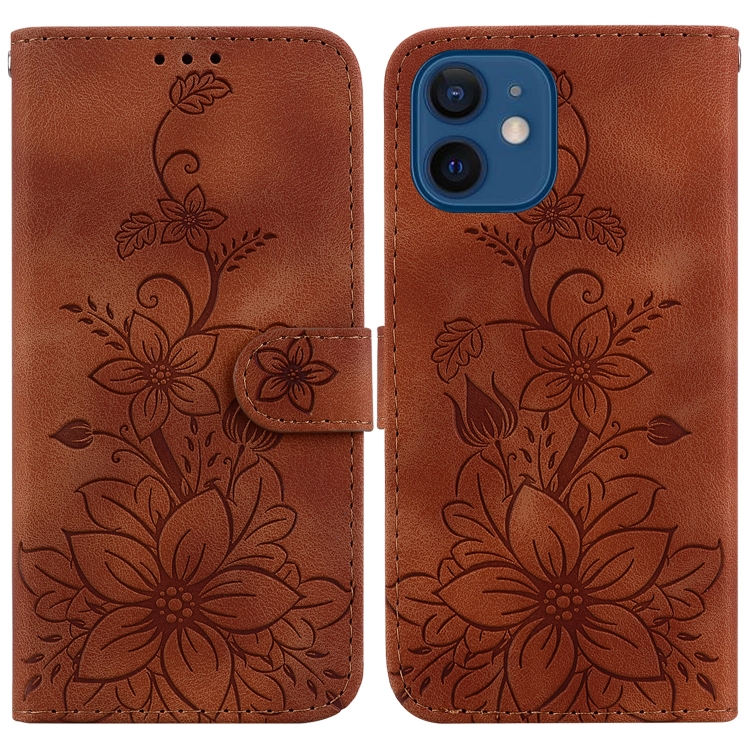 

For iPhone 12 mini Lily Embossed Leather Phone Case(Brown)