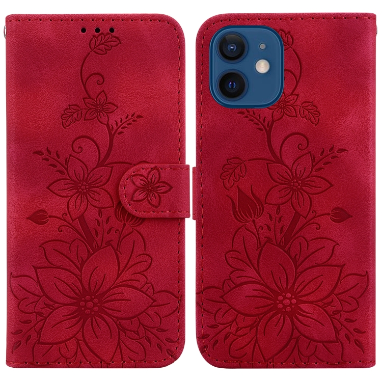 

For iPhone 12 mini Lily Embossed Leather Phone Case(Red)