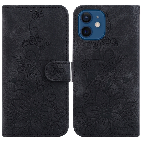 

For iPhone 12 mini Lily Embossed Leather Phone Case(Black)