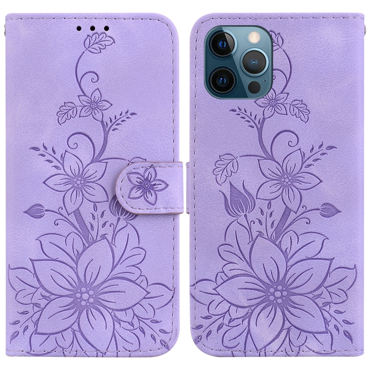 

For iPhone 12 Pro Max Lily Embossed Leather Phone Case(Purple)