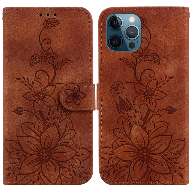 

For iPhone 12 Pro Max Lily Embossed Leather Phone Case(Brown)