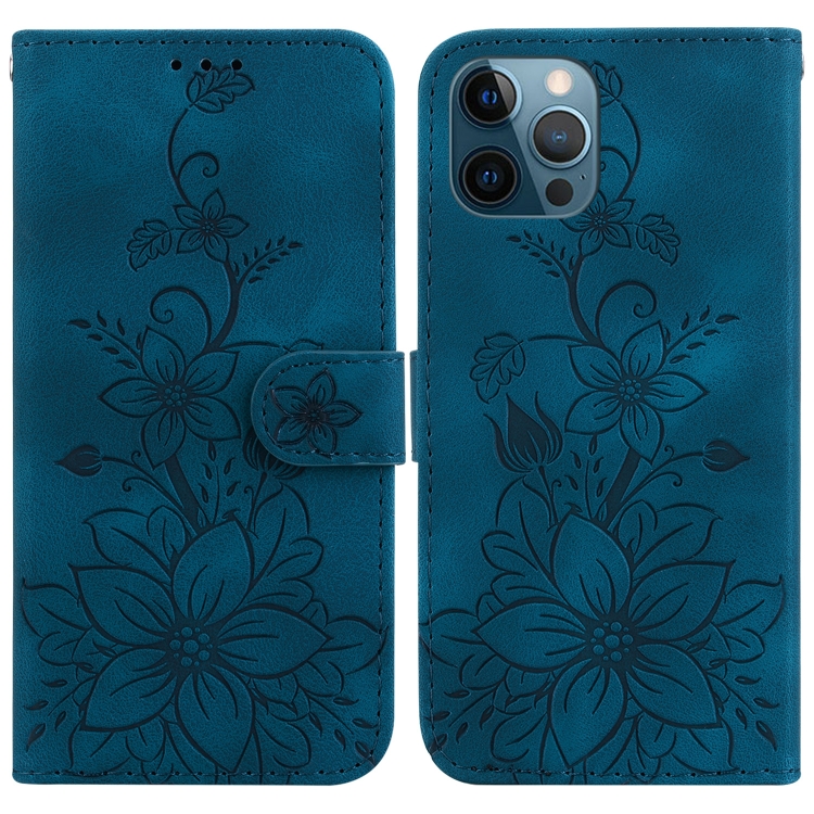 

For iPhone 12 Pro Max Lily Embossed Leather Phone Case(Dark Blue)