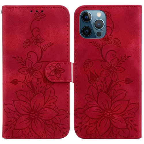 

For iPhone 12 Pro Max Lily Embossed Leather Phone Case(Red)