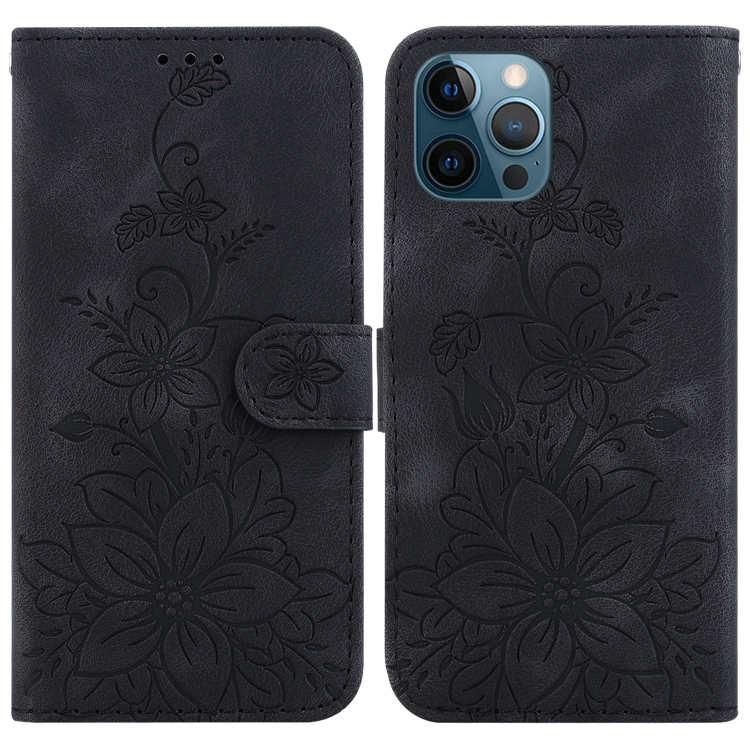 

For iPhone 12 Pro Max Lily Embossed Leather Phone Case(Black)