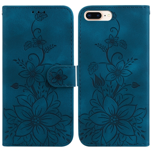 

For iPhone 8 Plus / 7 Plus Lily Embossed Leather Phone Case(Dark Blue)