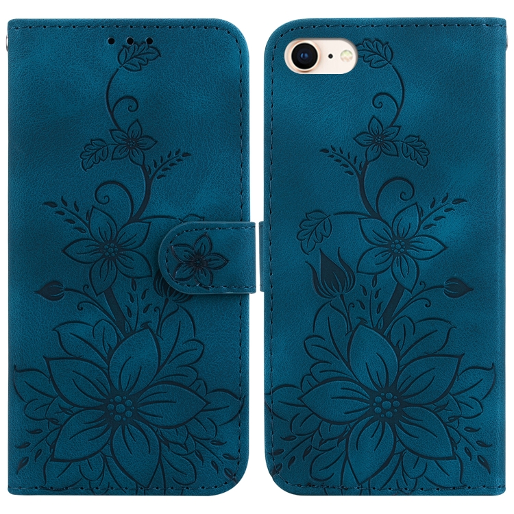 

For iPhone SE 2022 / SE 2020 / 8 Lily Embossed Leather Phone Case(Dark Blue)