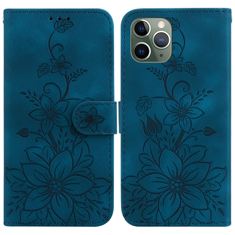 

For iPhone 11 Pro Lily Embossed Leather Phone Case(Dark Blue)