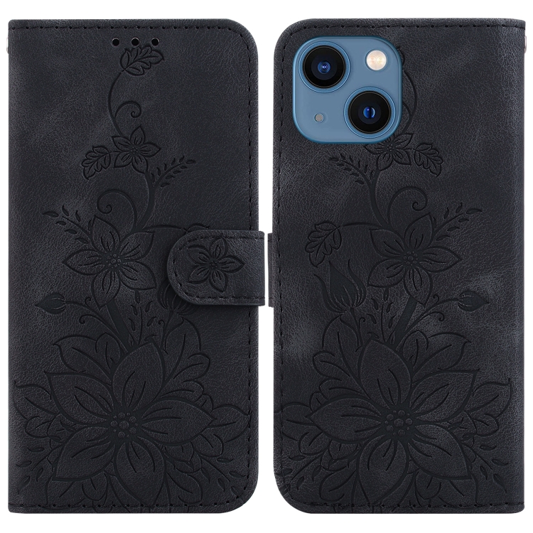 

For iPhone 13 Lily Embossed Leather Phone Case(Black)