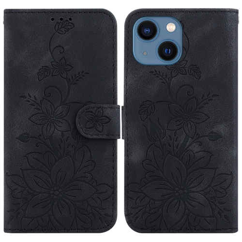 

For iPhone 13 mini Lily Embossed Leather Phone Case(Black)