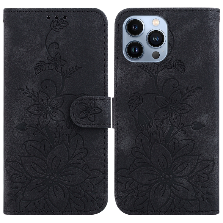 

For iPhone 13 Pro Lily Embossed Leather Phone Case(Black)