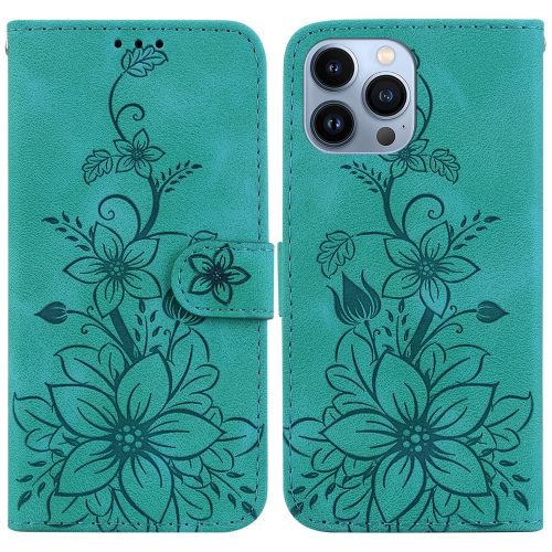 

For iPhone 13 Pro Max Lily Embossed Leather Phone Case(Green)