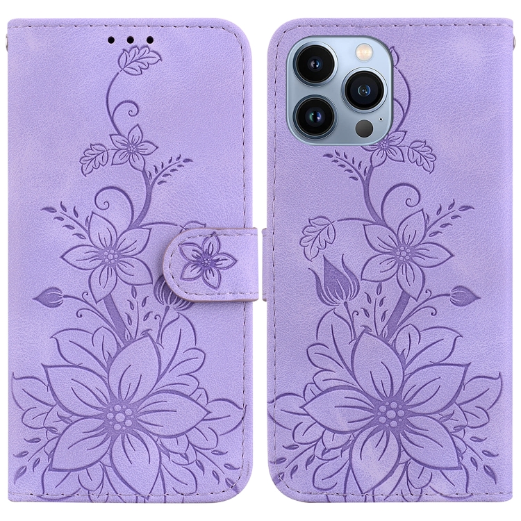

For iPhone 13 Pro Max Lily Embossed Leather Phone Case(Purple)
