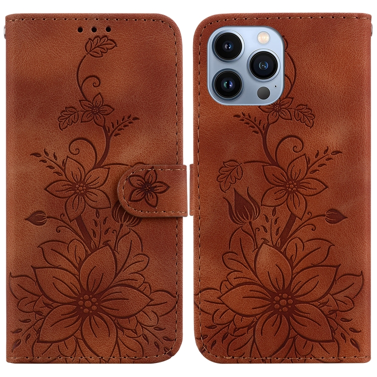 

For iPhone 14 Pro Max Lily Embossed Leather Phone Case(Brown)