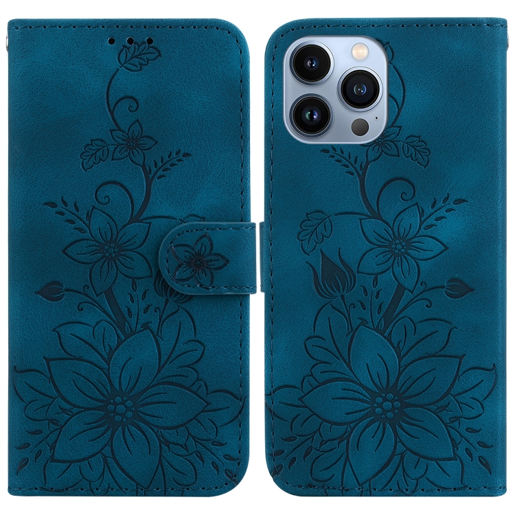 

For iPhone 14 Pro Lily Embossed Leather Phone Case(Dark Blue)