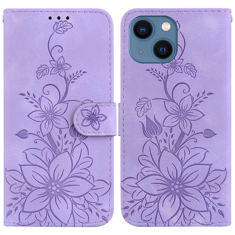 

For iPhone 14 Plus Lily Embossed Leather Phone Case(Purple)