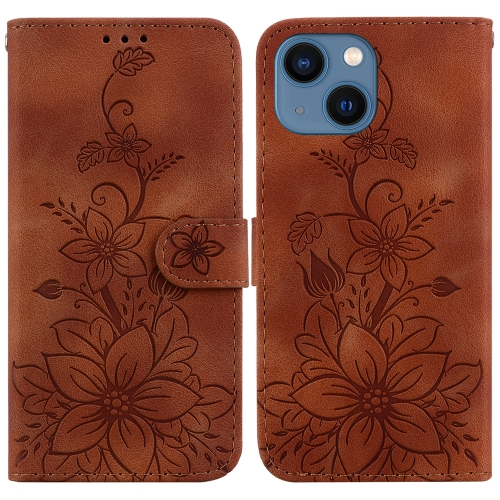 

For iPhone 14 Plus Lily Embossed Leather Phone Case(Brown)