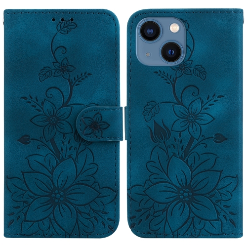 

For iPhone 14 Plus Lily Embossed Leather Phone Case(Dark Blue)