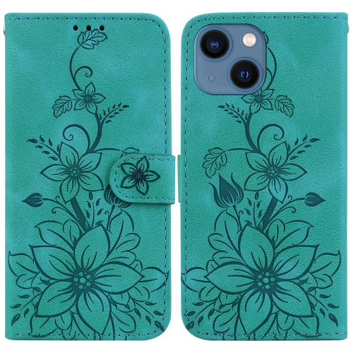 

For iPhone 14 Lily Embossed Leather Phone Case(Green)