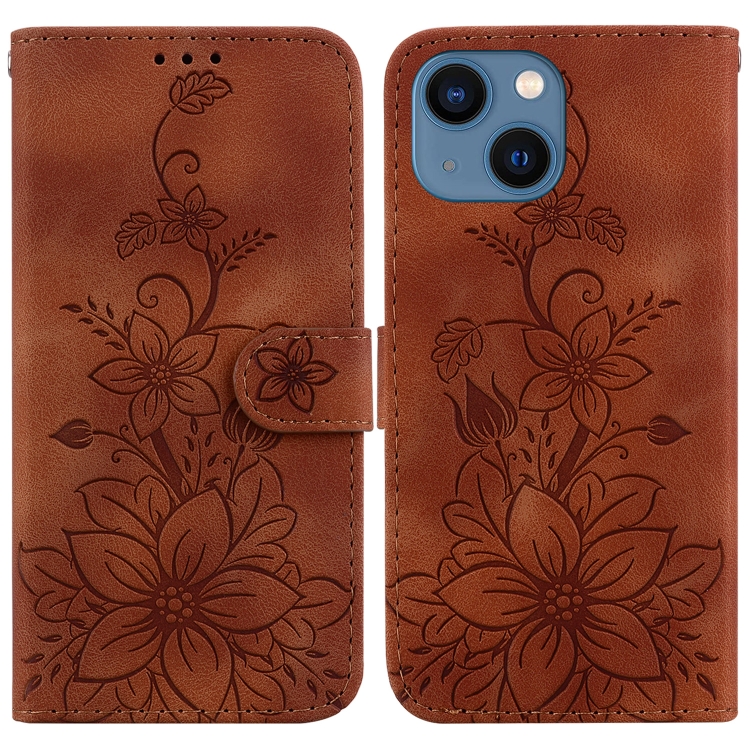 

For iPhone 14 Lily Embossed Leather Phone Case(Brown)