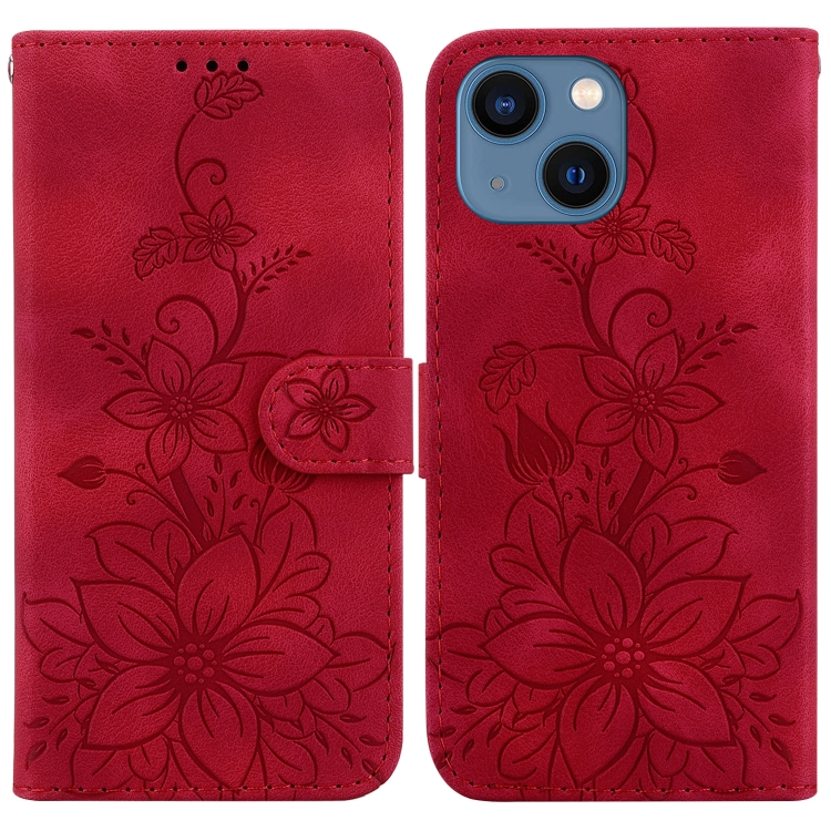 

For iPhone 15 Plus Lily Embossed Leather Phone Case(Red)