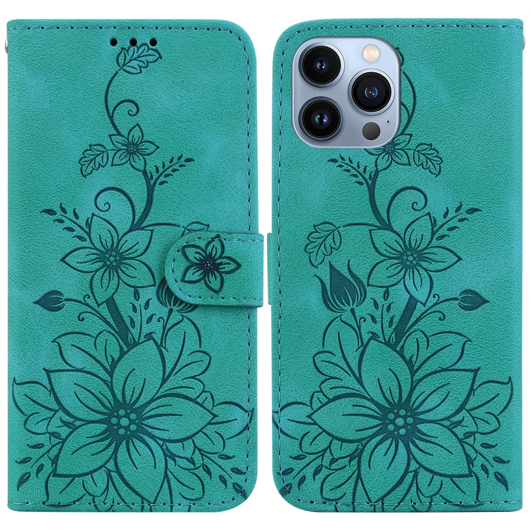 

For iPhone 15 Pro Lily Embossed Leather Phone Case(Green)