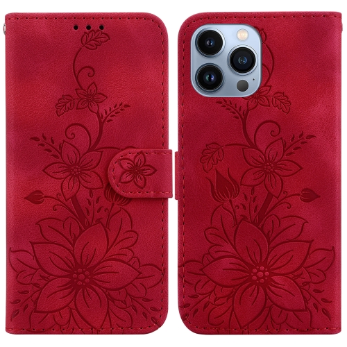 

For iPhone 15 Pro Lily Embossed Leather Phone Case(Red)
