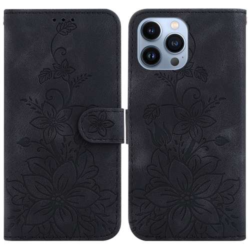 

For iPhone 15 Pro Lily Embossed Leather Phone Case(Black)