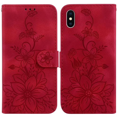 

For iPhone XS / X Lily Embossed Leather Phone Case(Red)