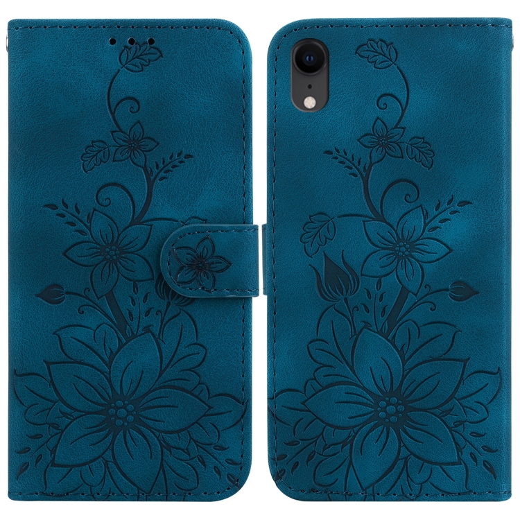 

For iPhone XR Lily Embossed Leather Phone Case(Dark Blue)