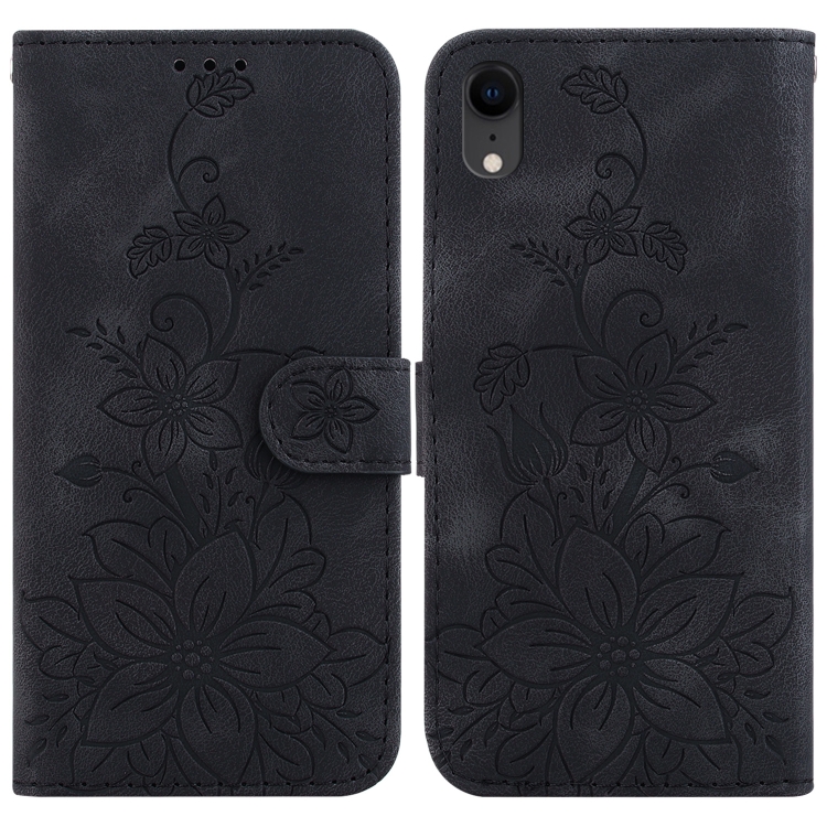 

For iPhone XR Lily Embossed Leather Phone Case(Black)