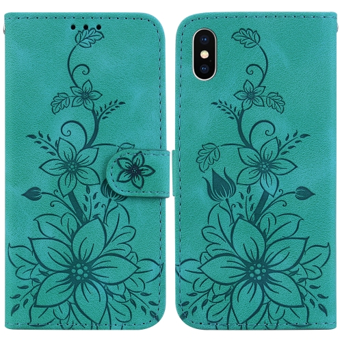 

For iPhone XS Max Lily Embossed Leather Phone Case(Green)