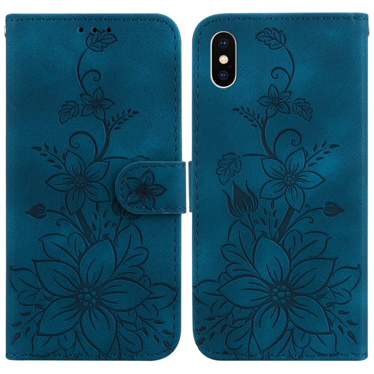 

For iPhone XS Max Lily Embossed Leather Phone Case(Dark Blue)