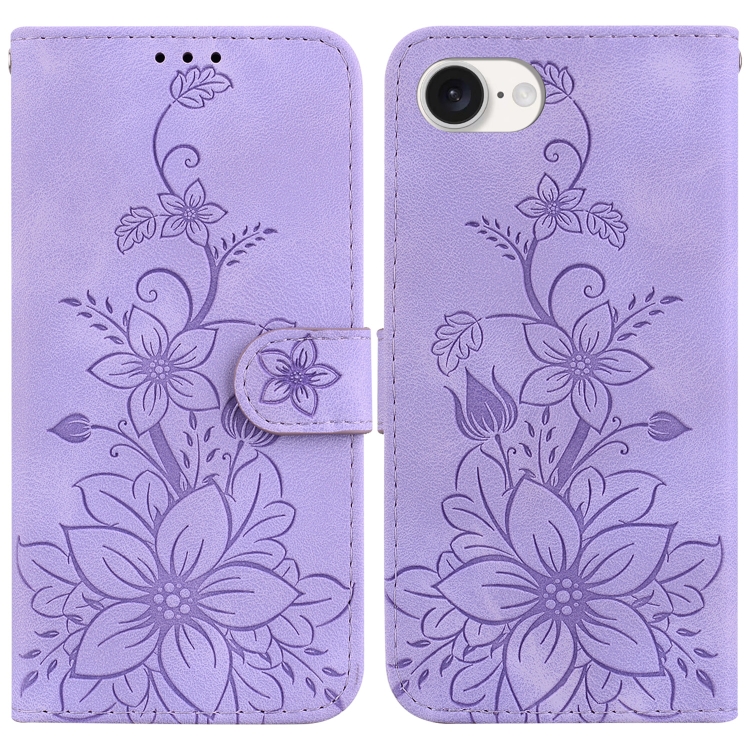 

For iPhone 16e Lily Embossed Leather Phone Case(Purple)