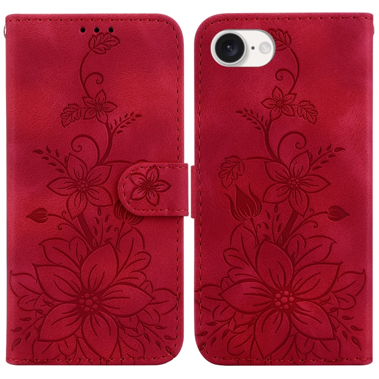 

For iPhone 16e Lily Embossed Leather Phone Case(Red)