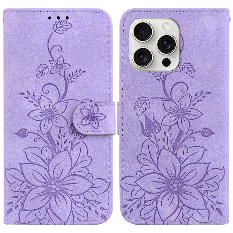 

For iPhone 16 Pro Lily Embossed Leather Phone Case(Purple)